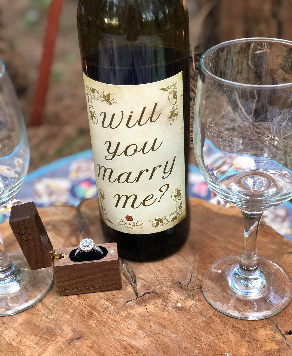 A custom wine bottle, perfect for a proposal